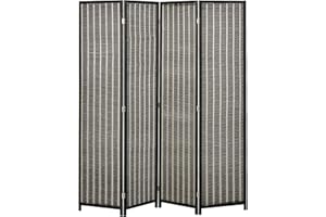 HOMCOM Paravento per Interni, Separé Pieghevole a 4 Pannelli, Divisorio per Ambienti in Legno e Bambù, 180x180x1.9cm, Nero e Marrone