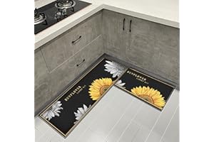 Hoimlm Tappetino da cucina antiscivolo, motivo girasole, 2 pezzi, antiscivolo, per cucina, soggiorno, sala da pranzo, bagno, 40 x 120 cm+40 x 60 cm (nero)