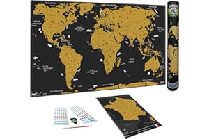 WIDETA Carte du monde à gratter, Français/Poster grand format (82 x 43 cm) / Planisphère, Mappemonde Grattable/Inclus Carte de France, autocollants et accessoires de grattage
