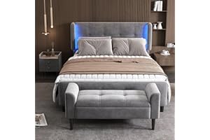 MOIMHEAR Komplettschlafzimmer Set, Modernes Design Polsterbett + 1x Nachttisch+ Betthocker, Doppelbett mit 16-farbigen Lichtleisten an den Seitenohren, Nachttisch mit 2 Schubladen, Samt, Grau (140x200 cm)