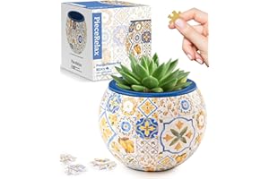 PieceRelax 3D Puzzle Planter - Retro Tiles - Small Round Plant Pots with Drainage, Home Decor Flower Pots for Indoor Cactus, Succulents Pots [K1104]