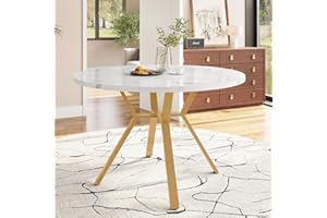 Merax Round Dining Table 100 * 100 * 75cm, Modern Marble Kitchen Table for 4 people, with X-shaped metal leg, for Home & Office, white/gold