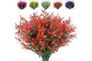 RECUTMS Artificial Lavender Flowers Plants 8 Bundles UV Resistant Faux Outdoor Plastic Greenery Shrubs Plants Hanging Planter Kitchen Home Wedding Office Garden Decor (Orange Red)