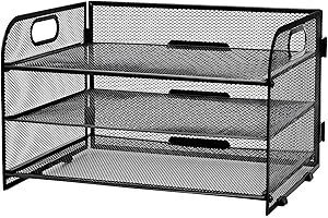 Hotyin Paper Organiser with Handle, 3 Tier Desk Organiser Letter Tray, Mesh Paper Tray Organizer, A4 File Racks, File Document Holder for Home Office, Black