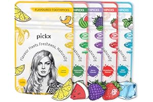 Pickx Mega Pack Flavoured Toothpicks (5 Pack) | Lemon, Watermelon, Berry, Strawberry & Mint Ice | Unique Non-Oily Formula | Sugar Free | Natural Flavour Infused Wooden Picks | 20 Per Pack