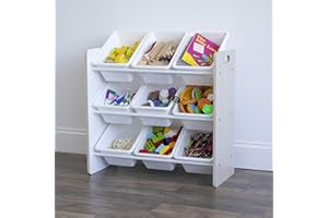 Humble Crew Hampton Wooden Toy Storage Organiser for Children, with 9 BPA Free Plastic Removeable Storage Bins, Ideal for Storing Toys, Games, Books and Craft Supplies - Sandwashed/White