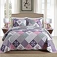 HoneiLife Reversible Bedspread Quilt Set - 3 Piece Microfiber Patchwork Coverlet Set, All-Season Bedspread with Geometric and Little Rose Print Pattern,Queen Size