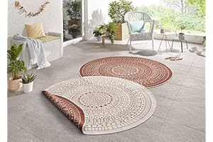 ‎NORTHRUGS Northrugs Porto In- und Outdoor Teppich Rund – Runder Wendeteppich Wasserfest Mandala Design Flachgewebe Teppich Wetterfest für Balkon, Terrasse, Garten, Wohnzimmer in Terra Creme, ⌀240cm