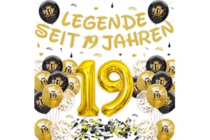 Tasoraor Deko 19 Geburtstag Junge Mädchen - 19. Geburtstagsdeko Girlande Schwarz Gold Luftballons und Konfetti, XXL Zahlenballon zum 19 Jahre Geburtstagsparty Dekoration
