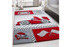 TEPPIUM Tappeto per bambini con motivo auto da corsa, morbido & soffice per cameretta, sala giochi, tappeto a pelo corto, morbido e antiscivolo Misurare: 120 x 170 cm Colore: Rosso-1
