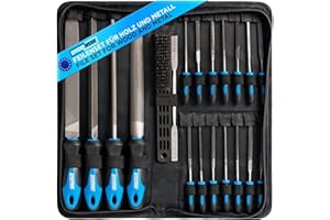 EffektWerk - 21 pc File Set - 4 Large Files (Round, Half-Round, Triangular and Flat) - Wire Brush, Rasp, Storage Pouch and 14 Needle Files