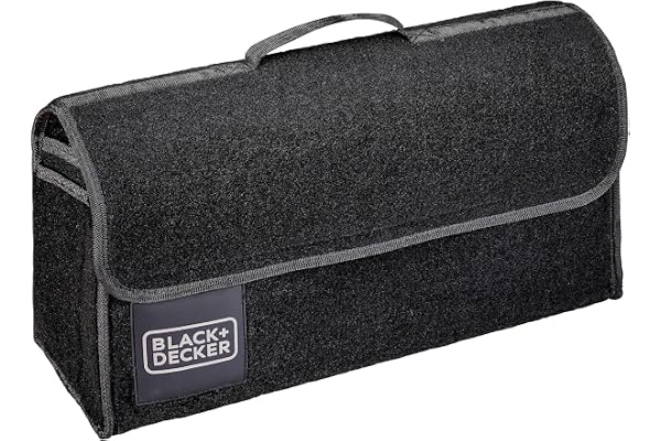 BLACK+DECKER Organiseur de coffre - 55 x 15 x 23 cm - Accessoires intérieurs de voiture - Avec 1 grand compartiment et 2 poches plaquées - Avec fermeture - Noir