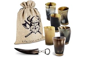 VIKING CRAFT Lot de 6 gobelets viking en corne à boire - Environ 80 ml + décapsuleur - Idéal pour les vikings, comme décoration viking, cadeau viking pour hommes et femmes, article de fan de Viking