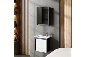 Planetmöbel Badmöbel Set 3-teilig Waschbecken mit Unterschrank 50 x 48,3 x 24,8 cm grau matt/weiß Hochglanz, Spiegelschrank 50 x 65 x 11,4 cm mit LED Aufbauleuchte