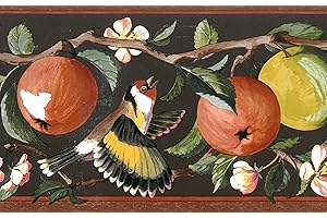 Dundee Deco BD6145 Tapeten Bordüre, vorgeklebt, Blumenmuster, Braun, Rosa, grüne Äpfel auf Weinrebe, Vögel, Wandbordüre, Tapetenbordüre Retro-Design, 4,57 m x 17,5 cm