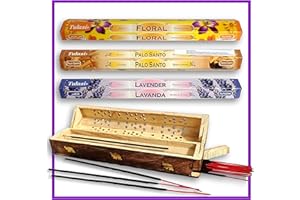 MUNDO AVIOS Kit Soporte Quemador Porta Incienso con Varillas para Quemar, Sticks Palo Santo, Floral y Lavanda. Caja de Madera Natural para Varilla y Cono. Diferentes Packs de quemadores de inciensos para Elegir.