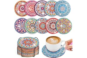 WuGU Sottobicchieri Diamante con Supporto, 10 Pezzi Sottobicchiere Dipinto a Diamante, Sottobicchieri Mandala Fai da te, Set di Sottobicchieri con Pittura a Diamante per Adulti & Bambini