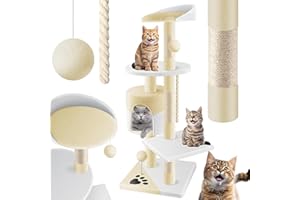 LOVPET KESSER® Griffoir Arbre à Chat Arbre à escalader, avec Troncs en sisal, Stable, avec Niche, balles de Jeu, Jeux en sisal et Corde de Jeu, Hauteur 112 cm, Beige/Blanc