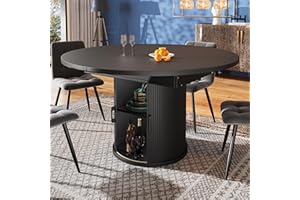 Merax Extendable Round Dining Table 118-158×118x76.8cm, Oval Kitchen Dining Room Table, with Storage, all-black finish, for 6 People, for Home & Living Room, black