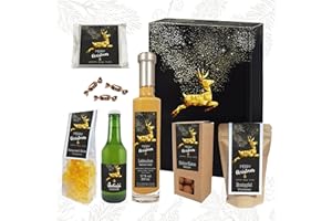 ‎HANDELSAGENTUR KASBERGER Geschenkkorb Weihnachten | Geschenkset mit Lebkuchen-Sahne Likör, Sahne-Kakoa Mandeln, Eierpunsch-Elche, Feine Knusperwaffel und Glühweinbonbon | (Präsentkarton 3er)