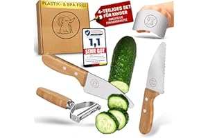 Eli® Kindermesser - kindersicheres hochwertiges 4 teiliges Kinder Küchenmesser Set inkl. Fingerschutz - Sparschäler - rostfreier Edelstahl - Griffe aus Buchenholz - Schneidemesser