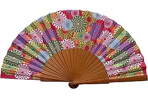 Tusitala Barcelona - Abanico Aire - Abanico Español de Madera y Algodón - Complemento de Moda Hecho a Mano - Funda de Yute Natural Incluida - Regalo Original - 23 cm. - Colección Geometrías