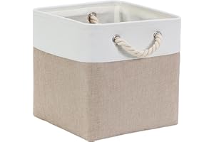 Mangata Aufbewahrungsbox Stoff 25x25x25 cm, aufbewahrungskorb Helles Khaki Weiß, Korbe Stoff in Würfel für Schrank, Regal, und Kleidung (Faltbare, 1er Pack)