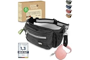 PAWZONE® Sacchetto per cibo per cani – Sacchetto per cani – Marsupio per cani – Borsa per cani – Include nastro riflettente e cintura aggiuntiva per fili flessibili (nero)