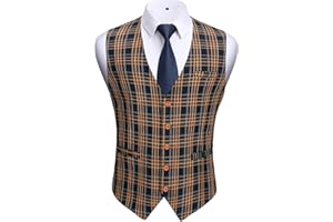 HISDERN Męska Formalna Kamizelka w Kratkę - Klasyczna, na Ślub i Co Dzień, z Kieszeniami