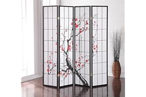 Roundhill Furniture 4-Panel Screen Room Divider, Heavy-Duty Rice Paper/Wood Frame, Plum Blossom