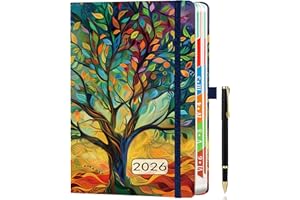 HWXBEN Agenda 2026 A5, una pagina/giorno, agenda annuale (gennaio-dicembre 2026), agenda giornaliera e mensile, schede colorate, portapenne, 2 segnalibri, passante per penna, tasca interna.