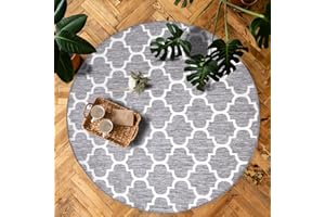 payé Outdoor Teppich Rund - 120x120cm - Wetterfest - Grau Weiß - Netz Raute - Teppiche für Terrasse Balkon Garten Indoor