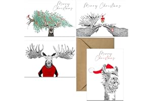 BEAR AND BEE Lot de 32 cartes de Noël amusantes – Illustrations de rennes, lamas et cerfs respectueux de l'environnement