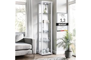 ‎K-MÖBEL K-Möbel Glasvitrine Stehend (176x37x33cm) - Made in Germany - Vitrinenschrank Weiss mit 4 höhenverstellbaren Glasböden & LED - Vitrine Glas stehend - Glasschrank - Display Cabinet