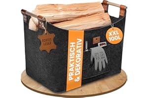 BLACK OAK Montana XXL 100L Filzkorb & Holzkorb für Kaminholz - Echt-Leder Applikation + breite Griffe + Fronttasche extra groß - Filz Tasche Korb für Holz faltbar Transport & Aufbewahrung anthrazit
