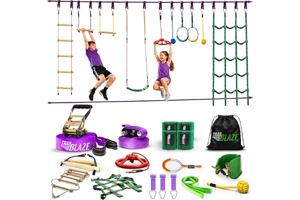 Ninja Warrior hinderbana för barn träningsutrustning, 0,6 x 16,8 m slacklines med 10 väderbeständiga och hållbara hinder – lastnät, repstege och mer – ninjakurs för barn utomhus