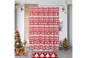 LinTimes Wesołych Świąt Zasłona prysznicowa, Szczęśliwego Nowego Roku Boże Narodzenie Drzewo i Jeleń Wzór Wodoodporne zasłony łazienkowe, 80 x 183 cm Czerwona