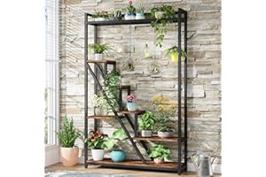 Tribesigns Wysoki stojak na rośliny do wnętrz, 7-poziomowa, duża, metalowa półka na rośliny z 5 haczykami w kształcie litery S, stojak na kwiaty, do wnętrz, ogrodu, na balkon, do salonu