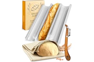 KRUSTENZAUBER Forma do pieczenia bagietek, nieprzywierająca, w zestawie z linkami piekarskimi i nożami piekarskimi – 3 blachy do pieczenia bagietek – idealna jako blacha do bagietek, forma do