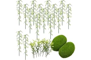 Woohome 30 PCS Modèle Arbres en Bambou, 2 Taille en Plastique Vert avec 2 PCS Mousse Artificielle Rocks Décoratifs pour DIY de Paysage Landscape