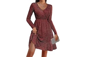 Zeagoo Kleid Damen Elegant Glitzerkleid V-Ausschnitt Partykleid Langarm Minikleid Festliche Paillettenkleid Cocktailkleid mit Rüschen S-XXL