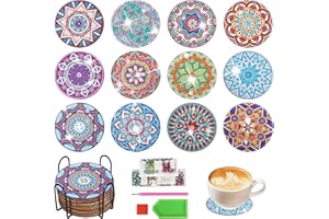 KOMINZZ 12Pcs Diamond Painting Coasters Diamond Art Coasters Kits with Holder Diamond Arts and Crafts Painting Coasters DIY Mandala Cup Coasters Diamond Painting Kits for Kids Adults Beginners