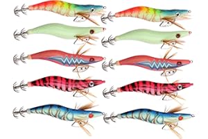 JSHANMEI Squid Jigs Shrimp Fishing Lures Kits Squid jig Hooks Wood Shrimp Artificial Spinner Lures Kit with Luminous Prawn Tail Glow in Dark for Cuttlefish Octopus Squid Fishing