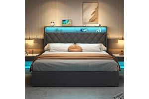 MYBOO Upholstered Ottoman Storage Bed, 4ft6 Double Bed Frame with Storage&LED&USB, Gas Lift Up Upholstered Double Bed Frame with Button Tufted Storage Headboard&Slats, Linen, No Mattress, Grey