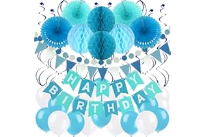 Zerodeco Birthday Party Decoration, Happy Birthday Banner with Paper Fans, Honeycomb Balls, Triangular Pennants, Circle Paper Garland, Hanging Swirls and Balloons - Blue, Sky Blue and White