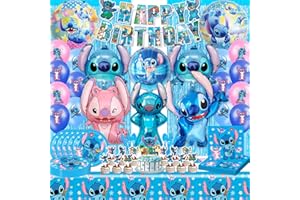 HTTMTTS Decoration Anniversaire Stit-c, 80 Pièces Stit-c Anniversaire Vaisselle , Ballon Stit-c, Nappes, Banderoles D'anniversaire, Assiettes, Serviette de Table, Deco Gateau, Kit Anniversaire Stit-c
