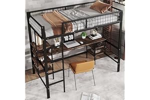 ‎MERAX Merax Hochbett 90x200cm mit Schreibtisch & Lagerregal, Stabile Metallbett Etagenbett mit Lattenrost & Rausfallschutz, Platzsparend Stockbett Kinderhochbett Jugendhochbett, Eisen+Spanplatte, Schwarz