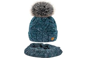 MFAZ Morefaz Ltd Mujer Conjunto Bufanda & Sombrero Beanie de Lana de Alpaca de Invierno Pompón Forro Polar