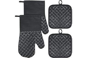 CECOMBINE Oven Gloves and Pot Holders Set of 4, 300°C Heat Resistant Oven Gloves, Non-Slip Oven Gloves, Oven Mitts Kitchen Baking Gloves, Cooking Gloves (Black)