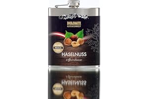 DOLOMITI ALPENFEINKOST DOLOMITI Haselnuss Schnaps Flachmann │ Haselnuss Premium Spirituose 35% vol. │ Robuster, edler Flachmann aus Edelstahl │ 0.2 Liter